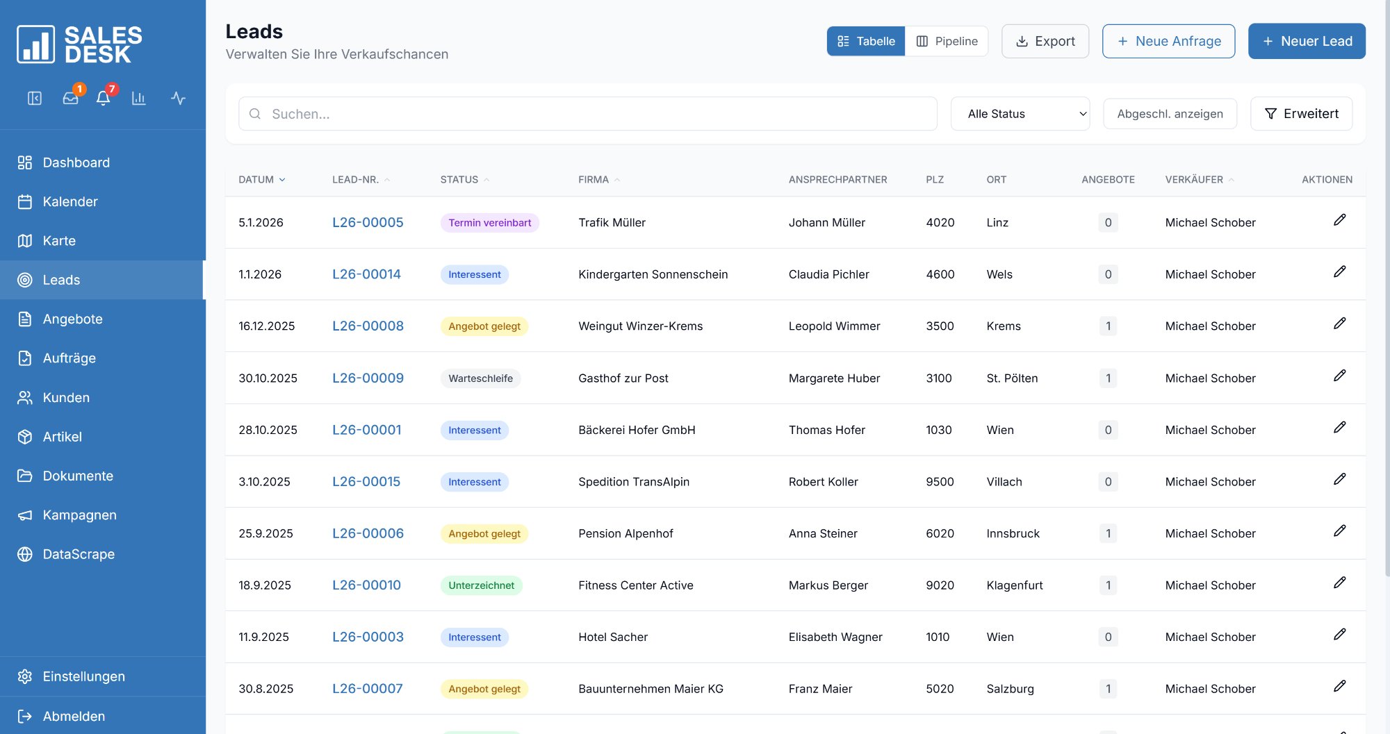 SalesDesk Lead-Verwaltung – Tabellenansicht mit Status-Badges, Firmennamen, Ansprechpartnern und Verkäufer-Zuordnung