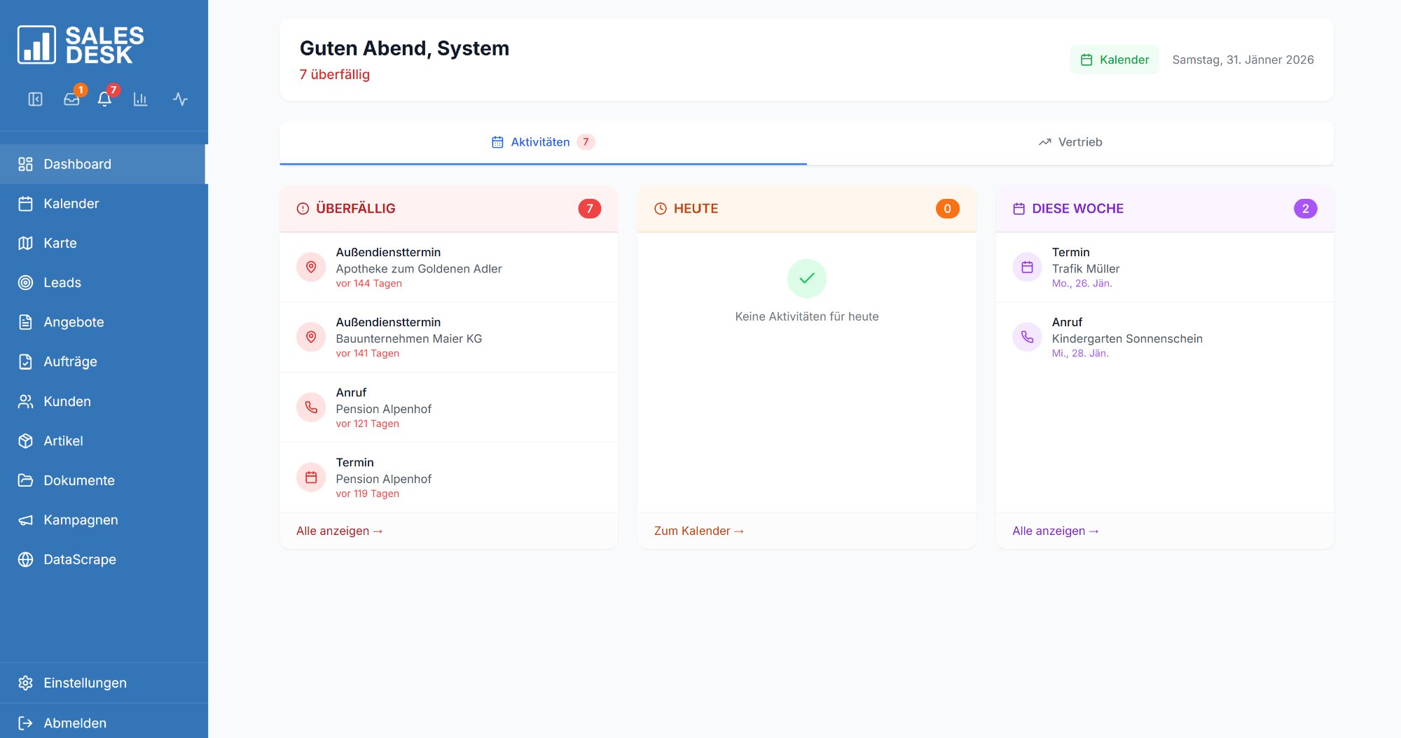 SalesDesk Dashboard – Aktivitäten-Übersicht mit überfälligen Terminen, heutigen Aufgaben und Wochenplanung