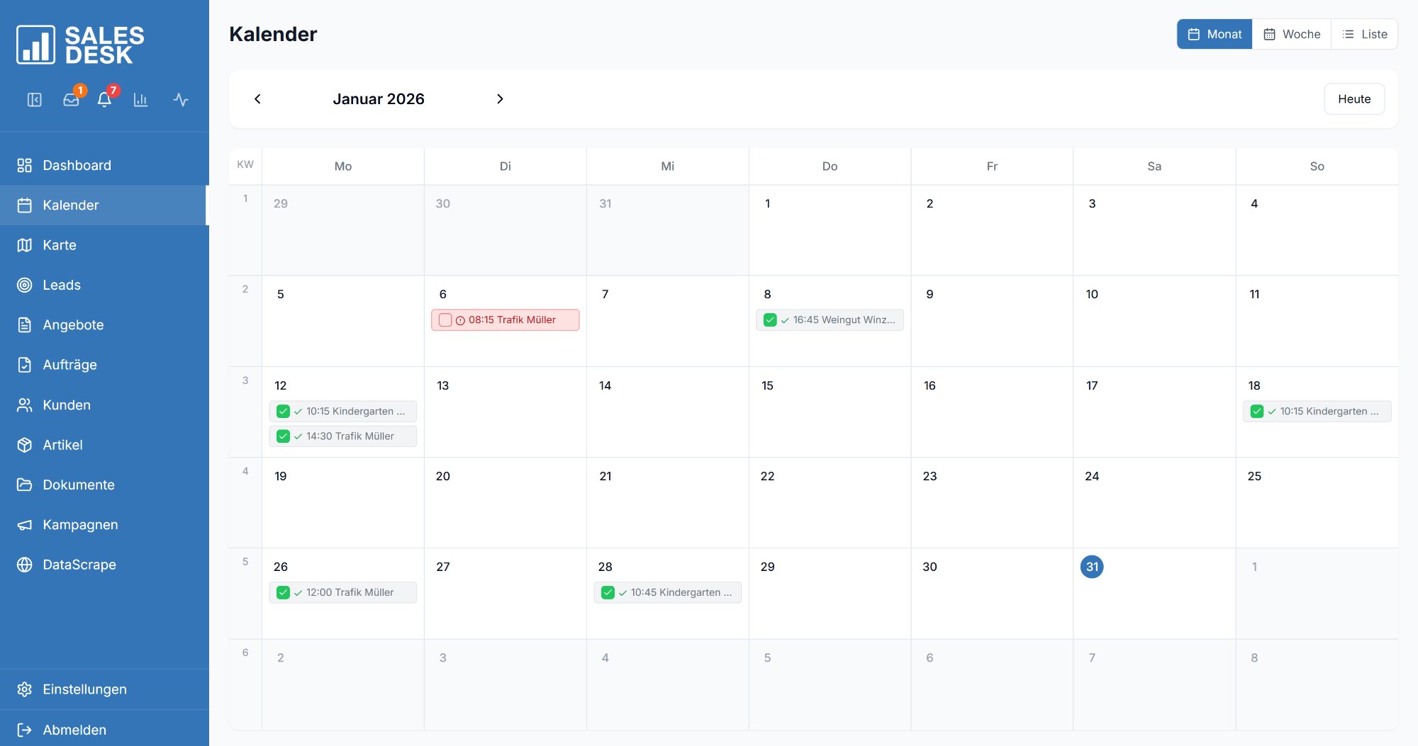 SalesDesk Kalender – Monatsansicht Januar 2026 mit Außendienstterminen, Anrufen und farbcodierten Aktivitäten